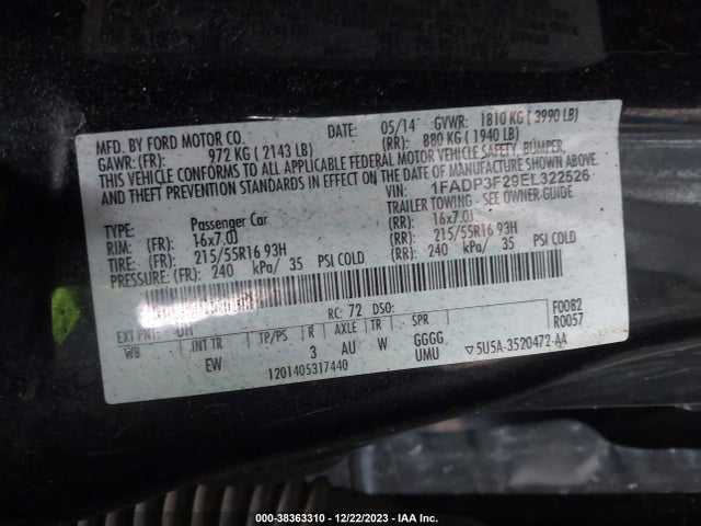 Ford FOCUS SE 2014 1FADP3F29EL322526 Image 9