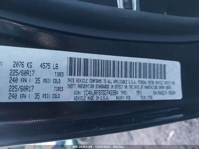 2016 JEEP PATRIOT LATITUDE VIN: 1C4NJRFB7GD742284