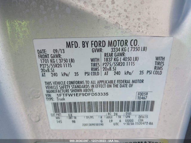2013 FORD F-150 PLATINUM VIN: 1FTFW1EF9DFD53335
