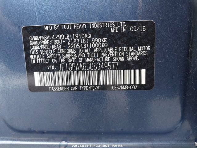 2016 SUBARU IMPREZA 2.0I VIN: JF1GPAA65G8349577