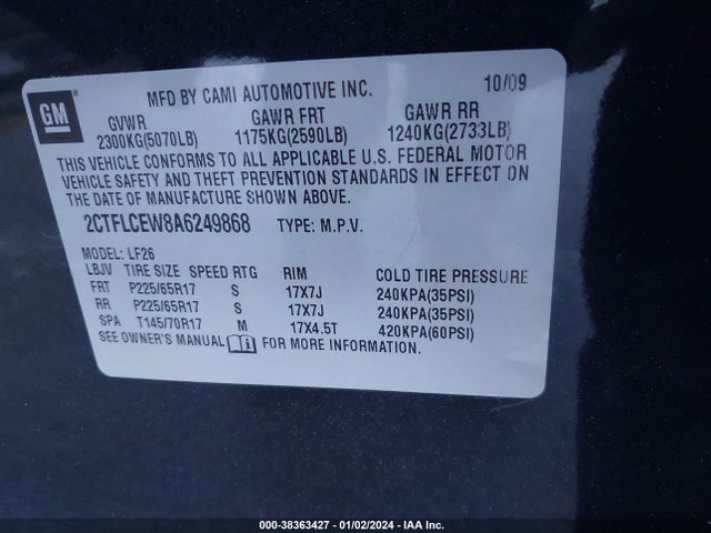 2010 GMC TERRAIN SLE-1 VIN: 2CTFLCEW8A6249868