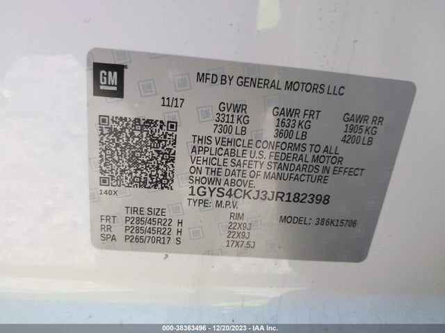 1GYS4CKJ3JR182398 Cadillac Escalade Premium Luxury