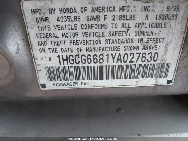 2000 HONDA ACCORD 2.3 EX VIN: 1HGCG6681YA027630