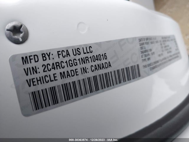 2022 CHRYSLER PACIFICA LIMITED VIN: 2C4RC1GG1NR104016
