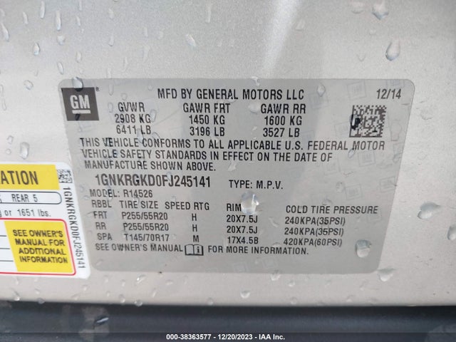 Chevrolet Traverse 1lt 2015 1GNKRGKD0FJ245141 Image 9