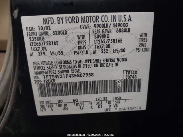 2003 FORD F-350 LARIAT/XL/XLT VIN: 1FTSW31F43EB07958