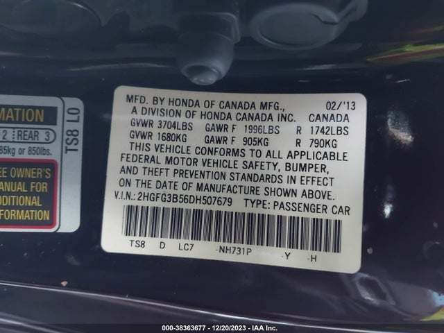 2013 HONDA CIVIC LX VIN: 2HGFG3B56DH507679