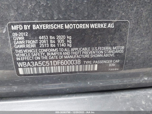 38363768 :رقم المزاد ، WBA3A5C51DF600038 vin ، 2013 Bmw 328i مزاد بيع