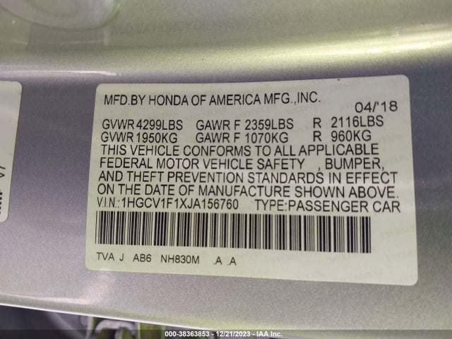 Продаж на аукціоні авто 2018 Honda Accord Lx, vin: 1HGCV1F1XJA156760, номер лоту: 38363853