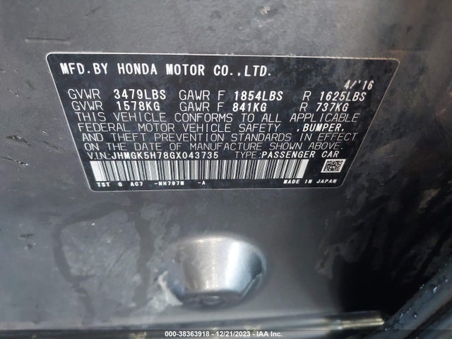 Honda FIT EX 2016 JHMGK5H78GX043735 Image 9
