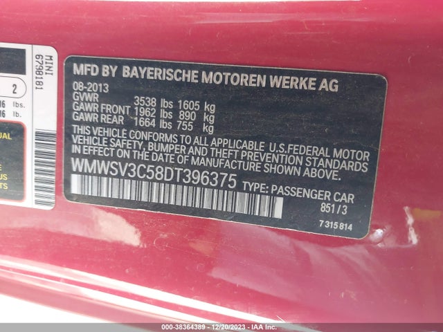 2013 MINI HARDTOP WMWSV3C58DT396375 Photo 8