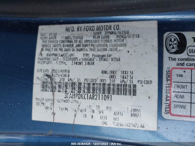 2010 FORD FUSION SPORT VIN: 3FAHP0KC1AR211091