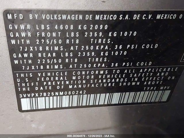 2022 VOLKSWAGEN TAOS 1.5T SE VIN: 3VVPX7B25NM080242