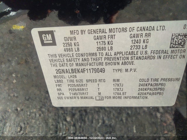 Chevrolet EQUINOX 1LT 2015 2GNALBEK4F1179049 Image 9