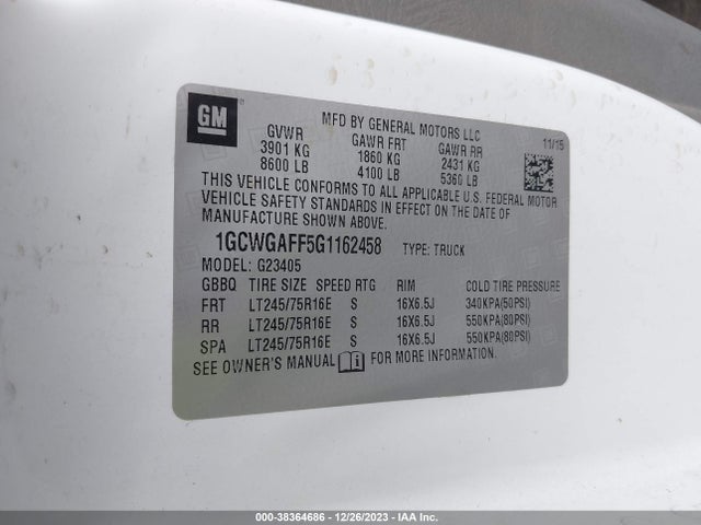 Chevrolet Express 2500 Work Van 2016 1GCWGAFF5G1162458 Image 9