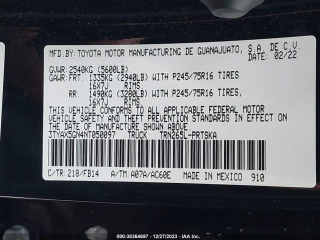 Toyota Tacoma Sr 2022 3TYAX5GN4NT050097 Image 9