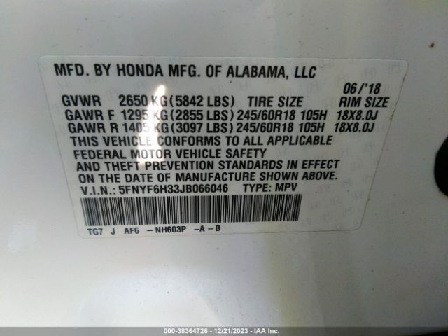 5FNYF6H33JB066046 Honda Pilot Ex