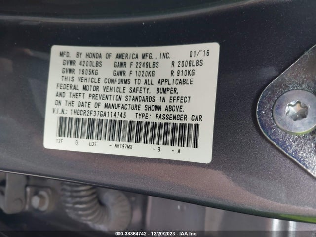 Honda ACCORD LX 2016 1HGCR2F37GA114745 Image 9