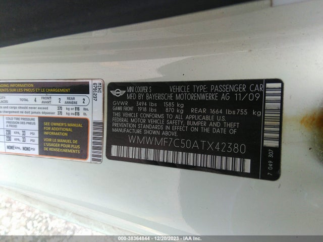 2010 MINI COOPER S WMWMF7C50ATX42380 Photo 8