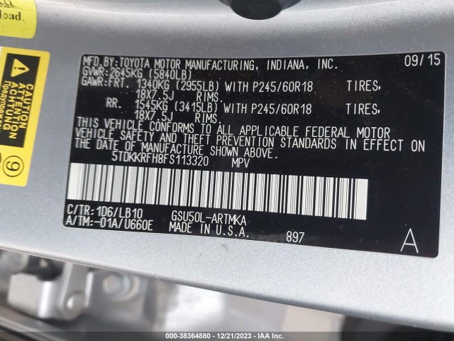 2015 TOYOTA HIGHLANDER XLE V6 VIN: 5TDKKRFH8FS113320