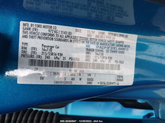 2014 FORD FOCUS SE VIN: 1FADP3F20EL449813