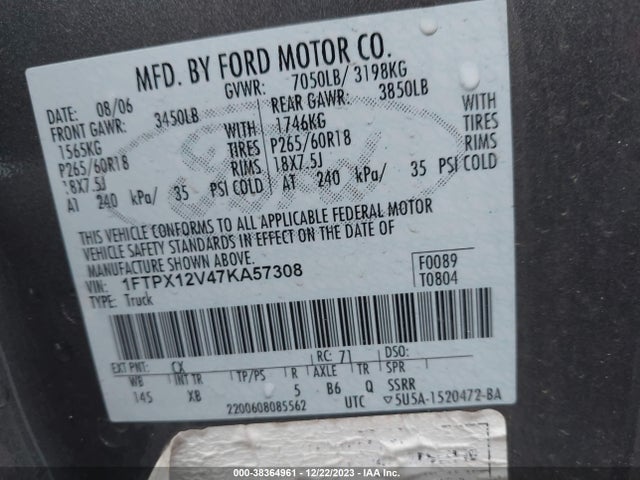 2007 FORD F-150 LARIAT/STX/XL/XLT VIN: 1FTPX12V47KA57308