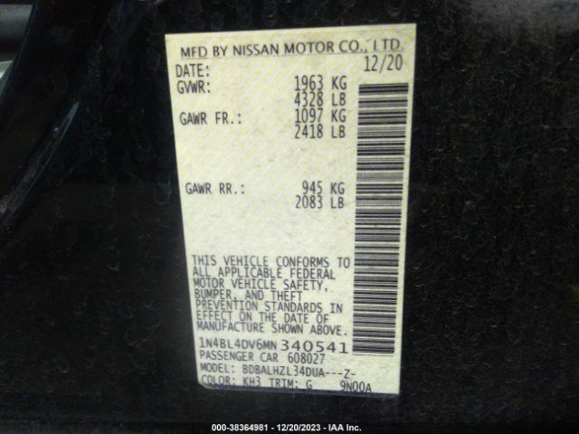 1N4BL4DV6MN340541 Nissan Altima Sv Fwd