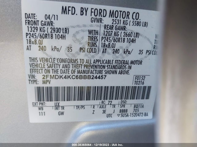 2011 FORD EDGE LIMITED VIN: 2FMDK4KC6BBB24457