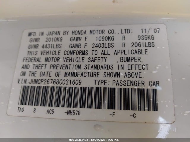 2008 HONDA ACCORD 2.4 EX VIN: JHMCP26768C031609