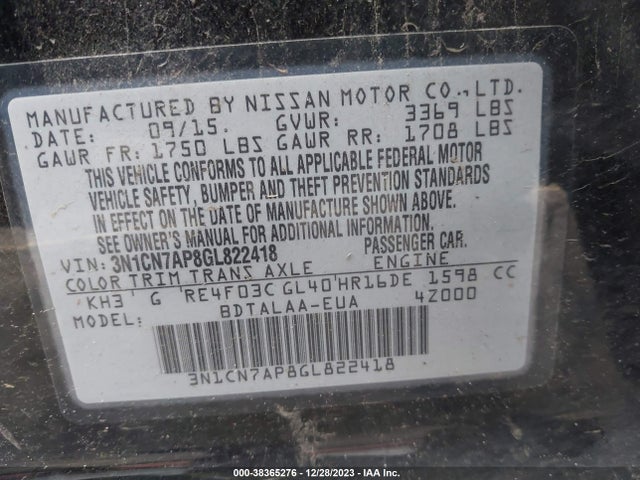 Nissan Versa 1.6 S 2016 3N1CN7AP8GL822418 Image 9