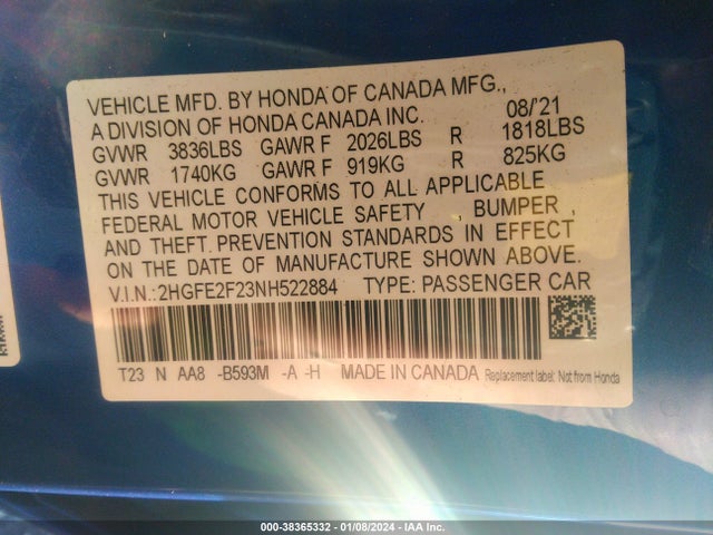Honda Civic Lx 2022 2HGFE2F23NH522884 Image 9