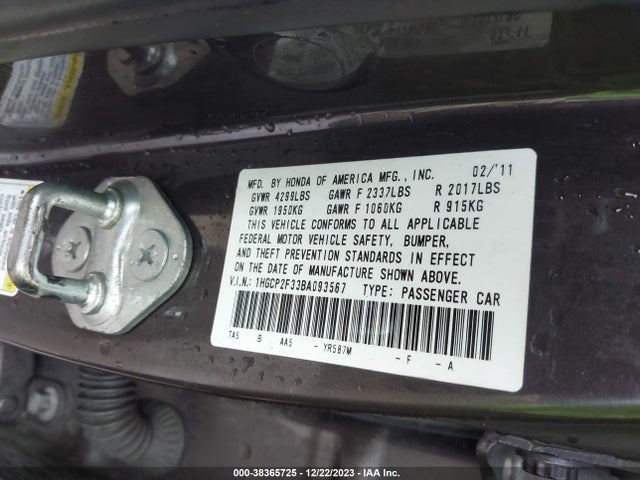 2011 HONDA ACCORD 2.4 LX VIN: 1HGCP2F33BA093567