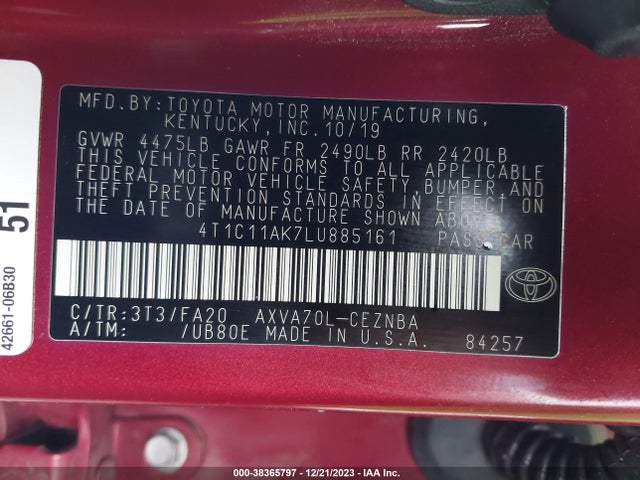 Toyota CAMRY LE 2020 4T1C11AK7LU885161 Image 9