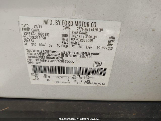 Ford EXPLORER XLT 2016 1FM5K7D83GGB70097 Image 9
