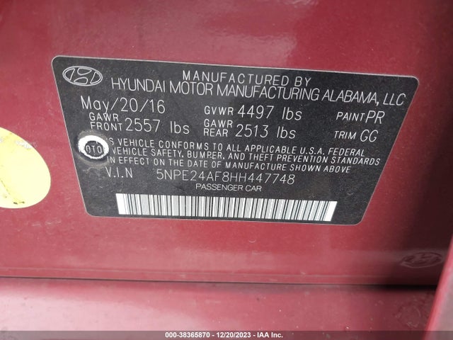 2017 HYUNDAI SONATA VIN: 5NPE24AF8HH447748