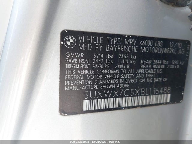 2011 BMW X3 XDRIVE35I VIN: 5UXWX7C5XBLL15488