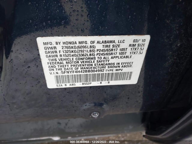 2011 HONDA PILOT EX VIN: 5FNYF4H42BB004992