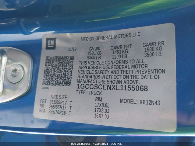 2020 CHEVROLET COLORADO 2WD SHORT BOX LT VIN: 1GCGSCENXL1155068