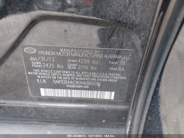 2013 HYUNDAI SONATA GLS VIN: 5NPEB4AC8DH686006