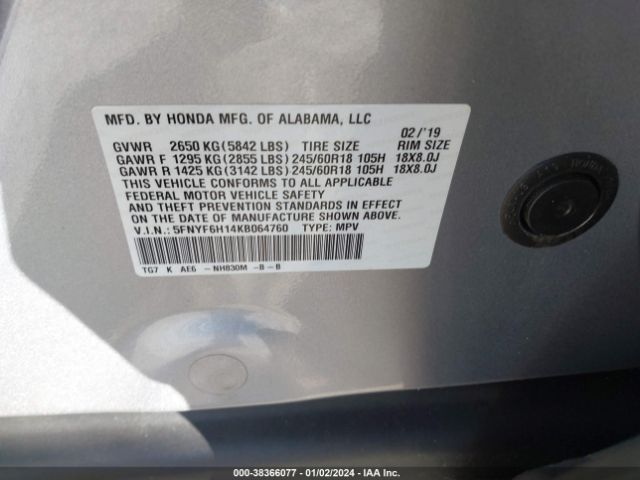 5FNYF6H14KB064760 Honda PILOT LX
