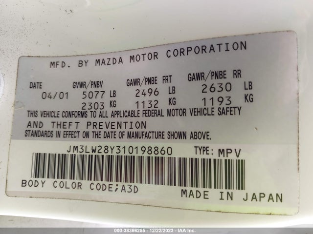 2001 MAZDA MPV DX/ES/LX VIN: JM3LW28Y310198860
