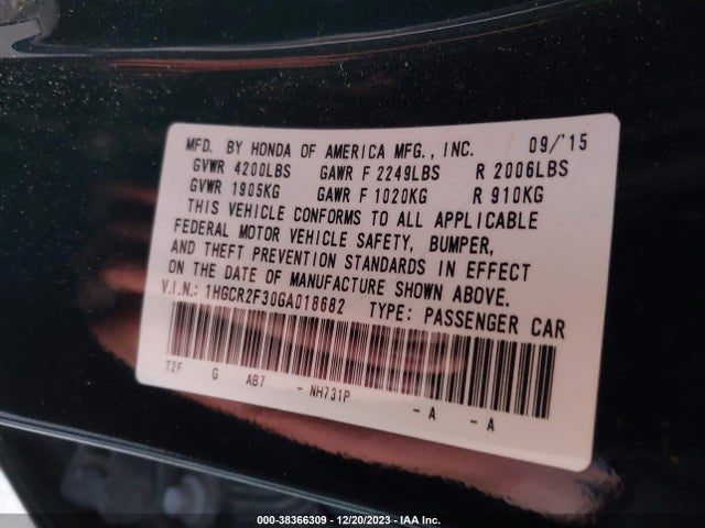 Honda ACCORD LX 2016 1HGCR2F30GA018682 Image 9