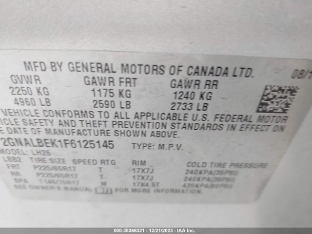 Chevrolet EQUINOX 1LT 2015 2GNALBEK1F6125145 Image 9