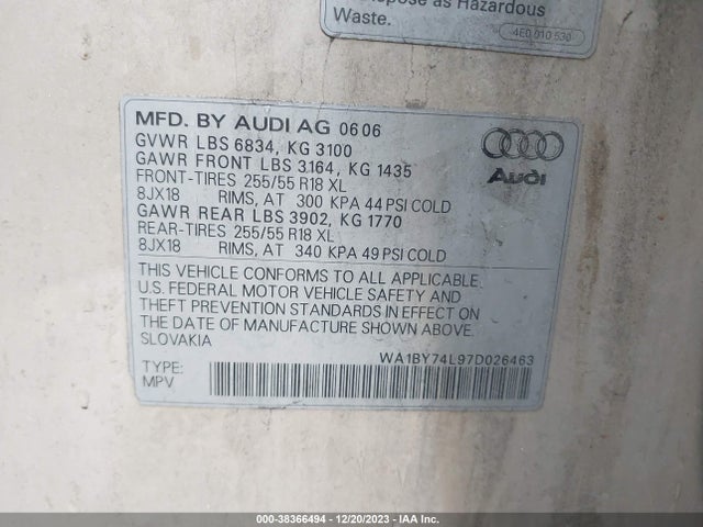 2007 AUDI Q7 3.6 PREMIUM VIN: WA1BY74L97D026463