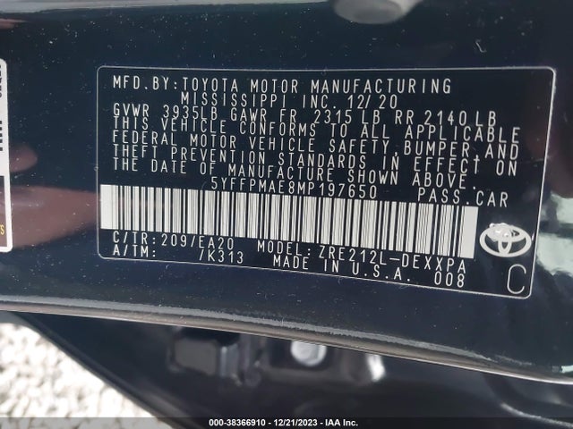 Toyota Corolla Xle 2021 5YFFPMAE8MP197650 Image 9