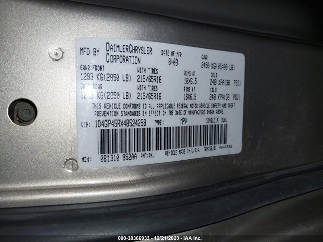 2004 DODGE CARAVAN SXT VIN: 1D4GP45RX4B524259