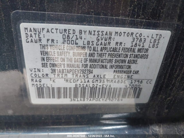 2014 NISSAN SENTRA SV VIN: 3N1AB7AP0EY292784