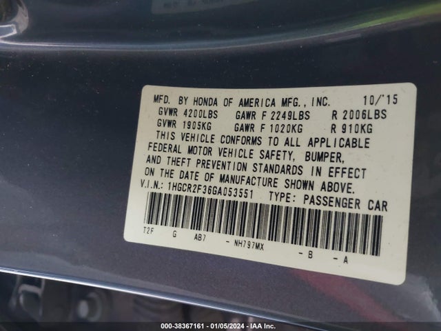 Honda ACCORD LX 2016 1HGCR2F36GA053551 Image 9