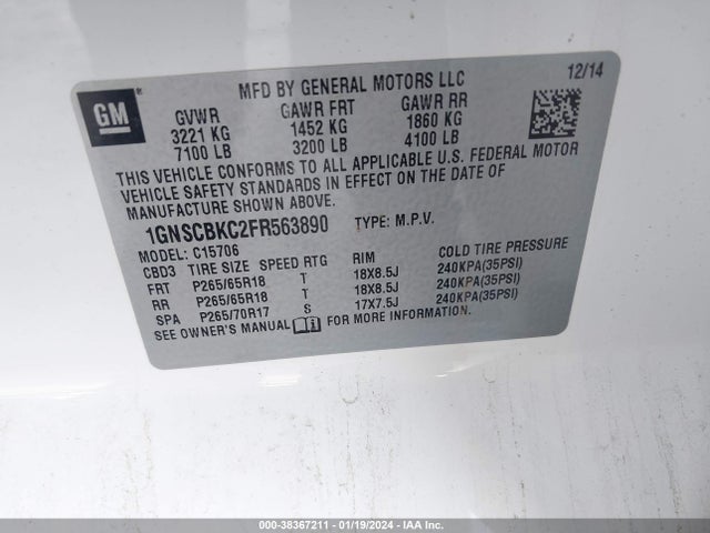 Chevrolet Tahoe Lt 2015 1GNSCBKC2FR563890 Image 9