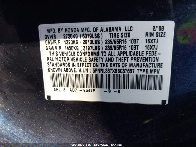 2008 HONDA ODYSSEY EX-L VIN: 5FNRL387X8B037667